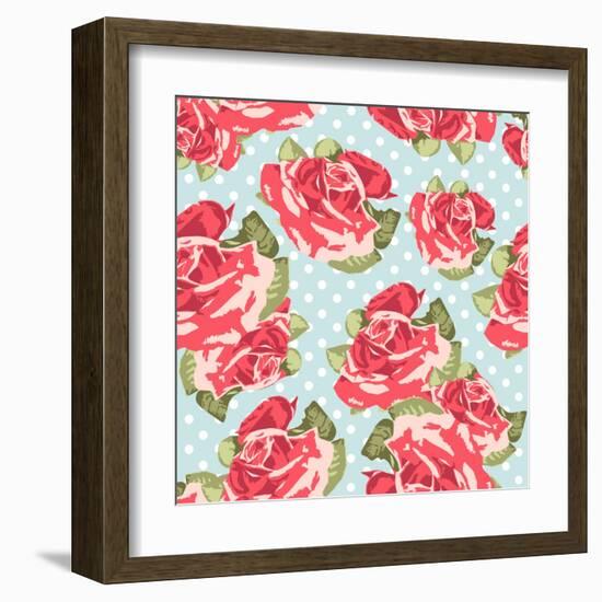 Beautiful Seamless Rose Pattern with Blue Polka Dot Background, Vector Illustration-Alisa Foytik-Framed Art Print