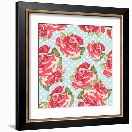 Beautiful Seamless Rose Pattern with Blue Polka Dot Background, Vector Illustration-Alisa Foytik-Framed Art Print