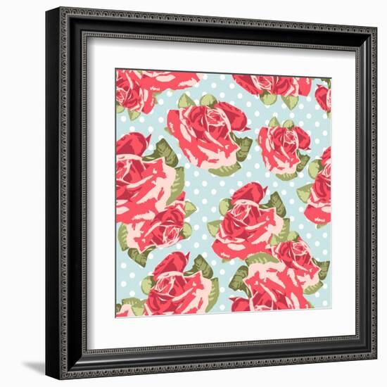 Beautiful Seamless Rose Pattern with Blue Polka Dot Background, Vector Illustration-Alisa Foytik-Framed Art Print