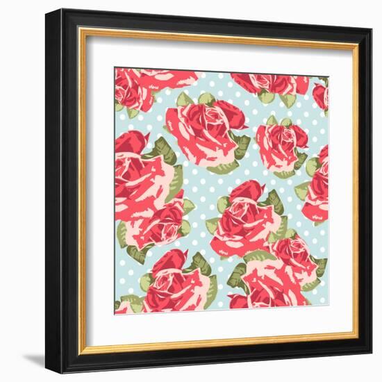 Beautiful Seamless Rose Pattern with Blue Polka Dot Background, Vector Illustration-Alisa Foytik-Framed Art Print