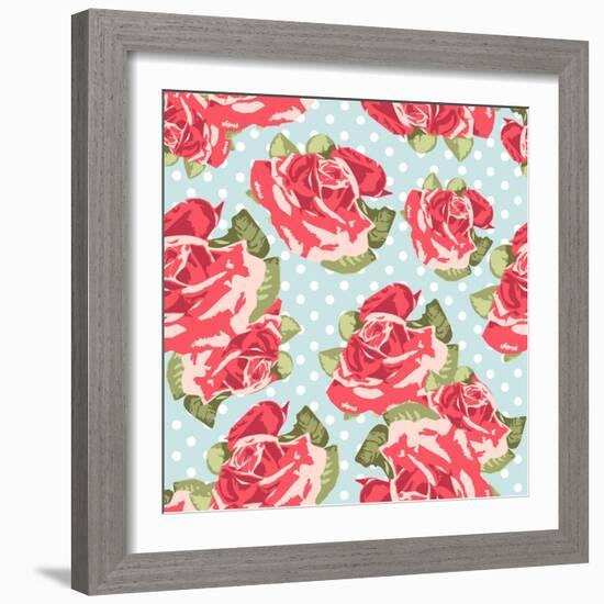 Beautiful Seamless Rose Pattern with Blue Polka Dot Background, Vector Illustration-Alisa Foytik-Framed Art Print