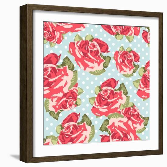 Beautiful Seamless Rose Pattern with Blue Polka Dot Background, Vector Illustration-Alisa Foytik-Framed Art Print