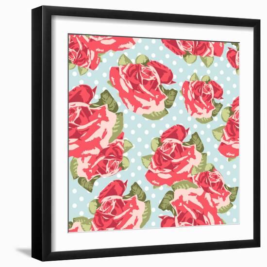 Beautiful Seamless Rose Pattern with Blue Polka Dot Background, Vector Illustration-Alisa Foytik-Framed Art Print