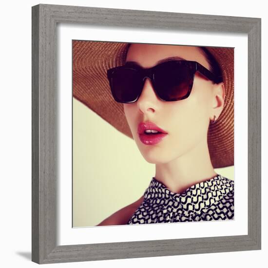 Beautiful Sensual Young Brunette Woman in a Hat and Sunglasses-Yuliya Yafimik-Framed Photographic Print