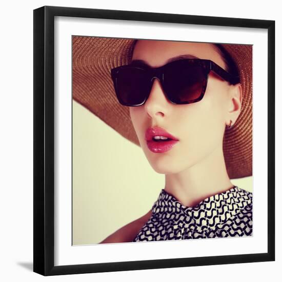 Beautiful Sensual Young Brunette Woman in a Hat and Sunglasses-Yuliya Yafimik-Framed Photographic Print