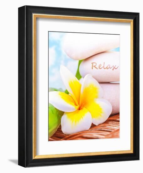 Beautiful Spa Still Life on the Beach, Spa Stones, Yellow Frangipani Flower, Tropical Resort, Summe-Anna Omelchenko-Framed Photographic Print