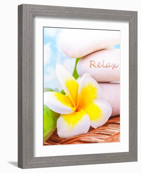 Beautiful Spa Still Life on the Beach, Spa Stones, Yellow Frangipani Flower, Tropical Resort, Summe-Anna Omelchenko-Framed Photographic Print