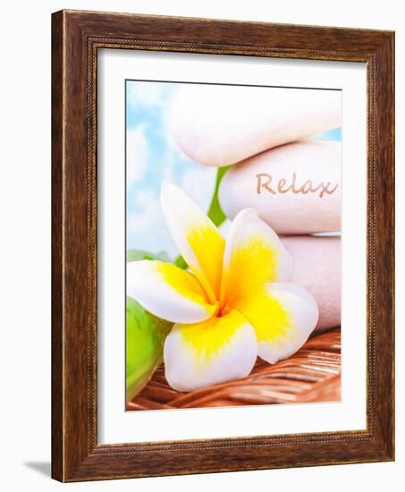 Beautiful Spa Still Life on the Beach, Spa Stones, Yellow Frangipani Flower, Tropical Resort, Summe-Anna Omelchenko-Framed Photographic Print