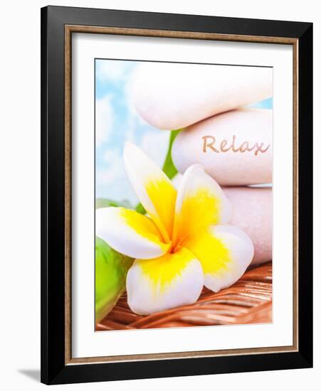 Beautiful Spa Still Life on the Beach, Spa Stones, Yellow Frangipani Flower, Tropical Resort, Summe-Anna Omelchenko-Framed Photographic Print