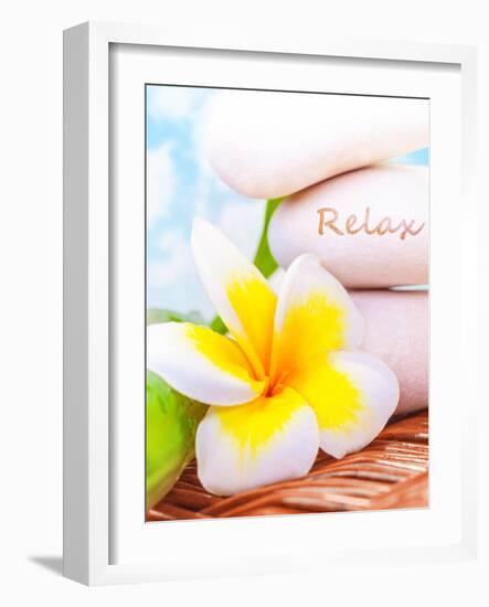 Beautiful Spa Still Life on the Beach, Spa Stones, Yellow Frangipani Flower, Tropical Resort, Summe-Anna Omelchenko-Framed Photographic Print