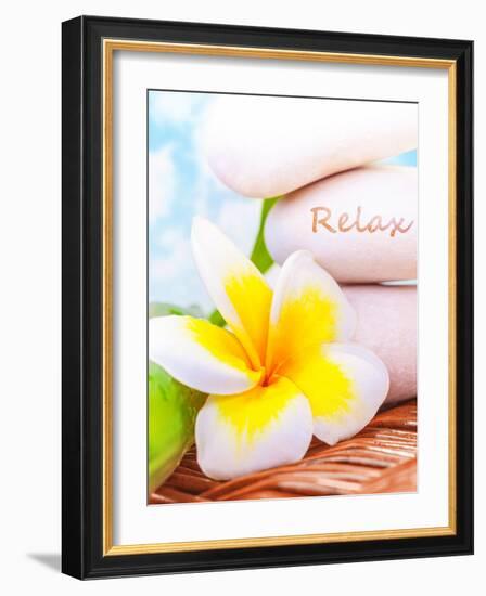 Beautiful Spa Still Life on the Beach, Spa Stones, Yellow Frangipani Flower, Tropical Resort, Summe-Anna Omelchenko-Framed Photographic Print