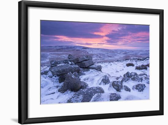 Beautiful Sunrise over a Frozen and Snow Covered Belstone Tor, Dartmoor National Park, Devon-Adam Burton-Framed Photographic Print