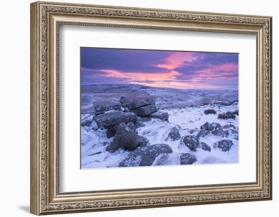 Beautiful Sunrise over a Frozen and Snow Covered Belstone Tor, Dartmoor National Park, Devon-Adam Burton-Framed Photographic Print