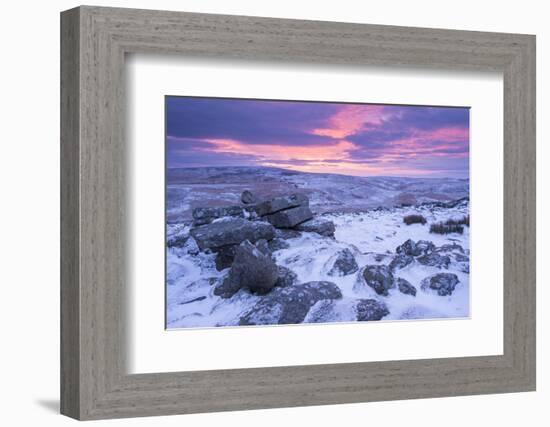 Beautiful Sunrise over a Frozen and Snow Covered Belstone Tor, Dartmoor National Park, Devon-Adam Burton-Framed Photographic Print