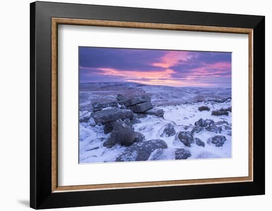 Beautiful Sunrise over a Frozen and Snow Covered Belstone Tor, Dartmoor National Park, Devon-Adam Burton-Framed Photographic Print