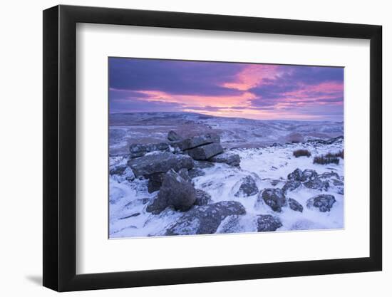 Beautiful Sunrise over a Frozen and Snow Covered Belstone Tor, Dartmoor National Park, Devon-Adam Burton-Framed Photographic Print