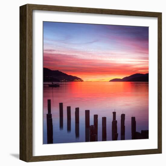 Beautiful Sunrise with Colours of Red, Orange and Purple, Canterbury New Zealand-Travellinglight-Framed Photographic Print
