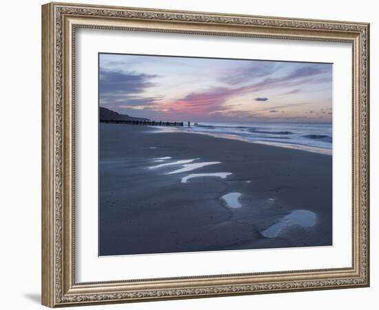 Beautiful sunset colours over the beach at low tide at Mundesley, Norfolk, England, United Kingdom,-Jon Gibbs-Framed Photographic Print