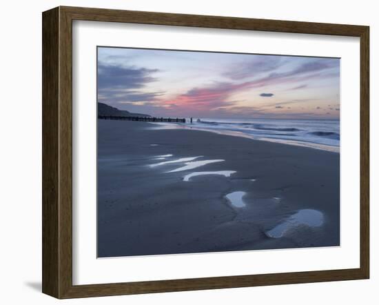 Beautiful sunset colours over the beach at low tide at Mundesley, Norfolk, England, United Kingdom,-Jon Gibbs-Framed Photographic Print