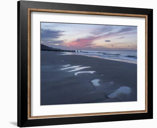 Beautiful sunset colours over the beach at low tide at Mundesley, Norfolk, England, United Kingdom,-Jon Gibbs-Framed Photographic Print
