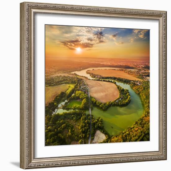 Beautiful Sunset over Czech Valley Reservoir in the Litice Suburban District of Pilsen. Aerial View-Kletr-Framed Photographic Print