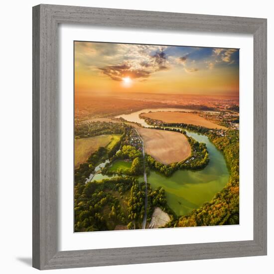 Beautiful Sunset over Czech Valley Reservoir in the Litice Suburban District of Pilsen. Aerial View-Kletr-Framed Photographic Print