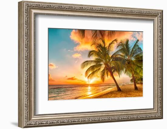 Beautiful Sunset over the Sea with a View at Palms on the White Beach on a Caribbean Island of Barb-Filip Fuxa-Framed Photographic Print