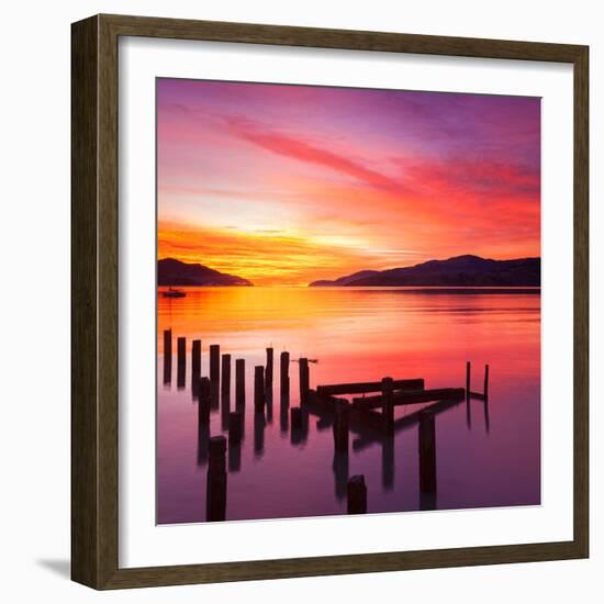 Beautiful Sunset with Colours of Red, Orange and Yellow, over Governors Bay, Looking-Travellinglight-Framed Photographic Print