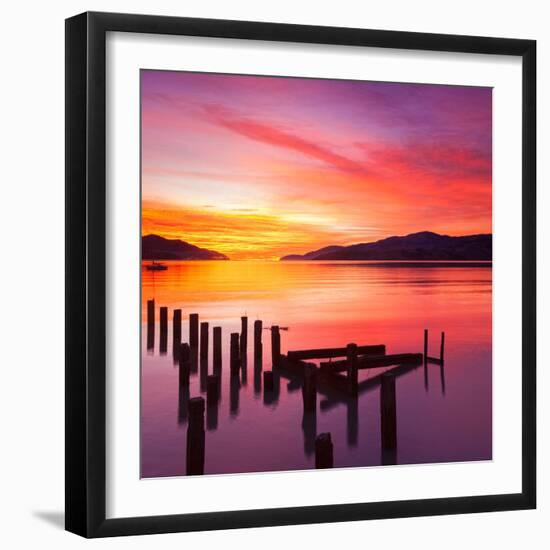 Beautiful Sunset with Colours of Red, Orange and Yellow, over Governors Bay, Looking-Travellinglight-Framed Photographic Print