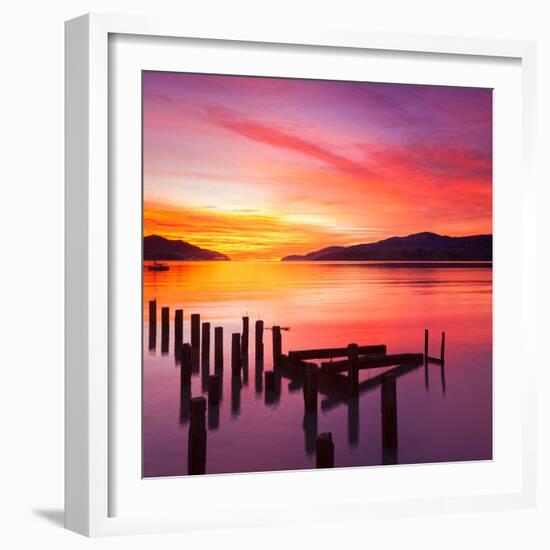 Beautiful Sunset with Colours of Red, Orange and Yellow, over Governors Bay, Looking-Travellinglight-Framed Photographic Print