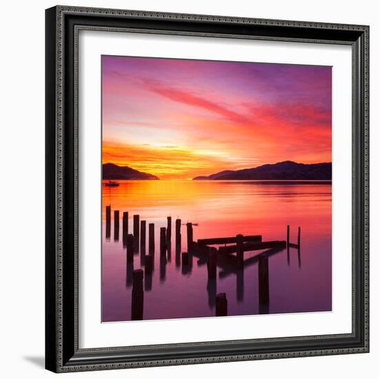 Beautiful Sunset with Colours of Red, Orange and Yellow, over Governors Bay, Looking-Travellinglight-Framed Photographic Print