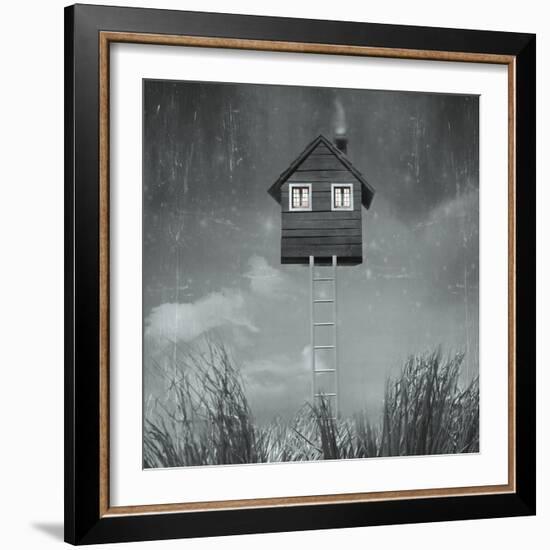Beautiful Surreal Artistic Image that Represent an House Flying in the Sky with Stairs Grass and Sk-Valentina Photos-Framed Photographic Print