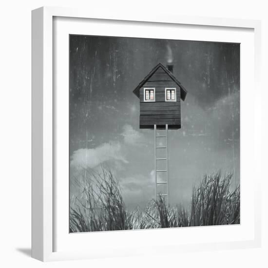 Beautiful Surreal Artistic Image that Represent an House Flying in the Sky with Stairs Grass and Sk-Valentina Photos-Framed Photographic Print