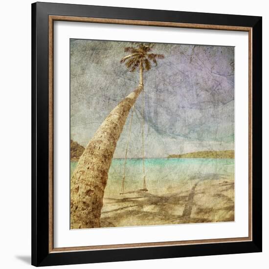 Beautiful Tropical Beach With Sea View, Clean Water And Blue Sky In Retro And Grunge Style-dmitry kushch-Framed Art Print