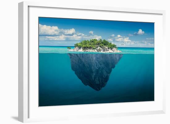 Beautiful Underwater View of Lone Small Island above and below the Water Surface in Turquoise Water-rasica-Framed Photographic Print