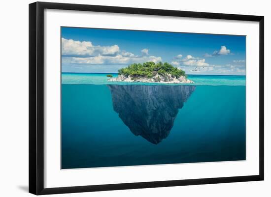 Beautiful Underwater View of Lone Small Island above and below the Water Surface in Turquoise Water-rasica-Framed Photographic Print