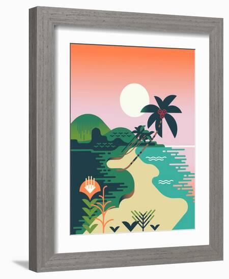 Beautiful Vector Flat Design Illustration on Tropical Sand Beach Landscape with Palms, Mountains An-Mascha Tace-Framed Art Print