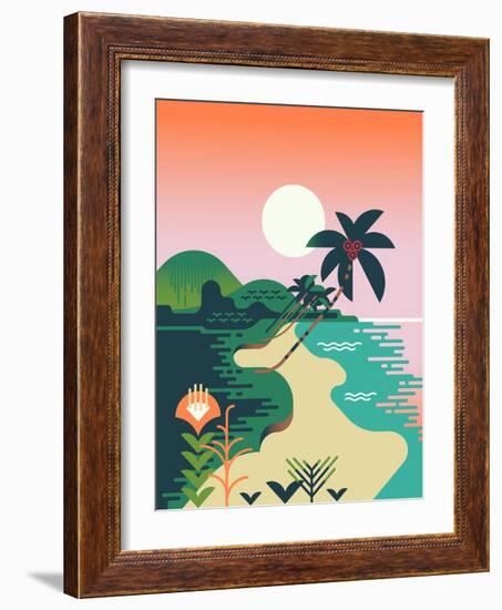 Beautiful Vector Flat Design Illustration on Tropical Sand Beach Landscape with Palms, Mountains An-Mascha Tace-Framed Art Print