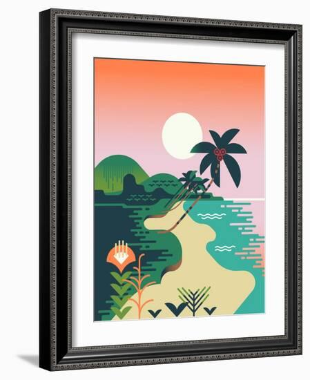 Beautiful Vector Flat Design Illustration on Tropical Sand Beach Landscape with Palms, Mountains An-Mascha Tace-Framed Art Print