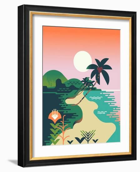 Beautiful Vector Flat Design Illustration on Tropical Sand Beach Landscape with Palms, Mountains An-Mascha Tace-Framed Art Print