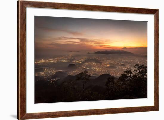 Beautiful View of City and Sunset Clouds Seen from Bico Do Papagaio Mountain in Tijuca Forest, Rio-Vitor Marigo-Framed Photographic Print