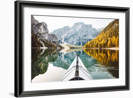 Beautiful View of Kayak on a Calm Lake with Amazing Reflections of Mountain Peaks and Trees-lbryan-Framed Photographic Print