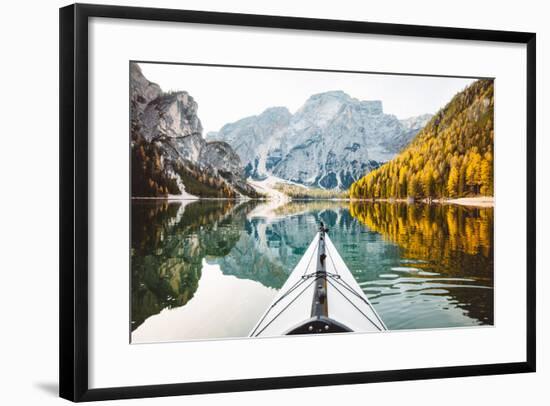 Beautiful View of Kayak on a Calm Lake with Amazing Reflections of Mountain Peaks and Trees-lbryan-Framed Photographic Print