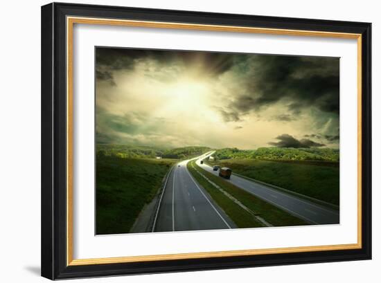 Beautiful View On The Road Under Sky With Clouds-yuran-78-Framed Art Print