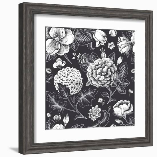 Beautiful Vintage Floral Seamless Pattern. Garden Roses, Hydrangea and Dog-Rose Flower on a Black B-Olga Korneeva-Framed Art Print