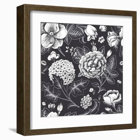 Beautiful Vintage Floral Seamless Pattern. Garden Roses, Hydrangea and Dog-Rose Flower on a Black B-Olga Korneeva-Framed Art Print