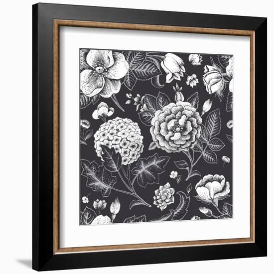 Beautiful Vintage Floral Seamless Pattern. Garden Roses, Hydrangea and Dog-Rose Flower on a Black B-Olga Korneeva-Framed Art Print