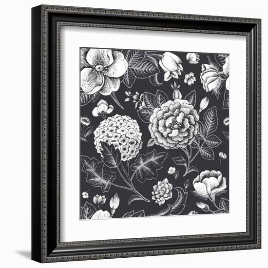 Beautiful Vintage Floral Seamless Pattern. Garden Roses, Hydrangea and Dog-Rose Flower on a Black B-Olga Korneeva-Framed Art Print