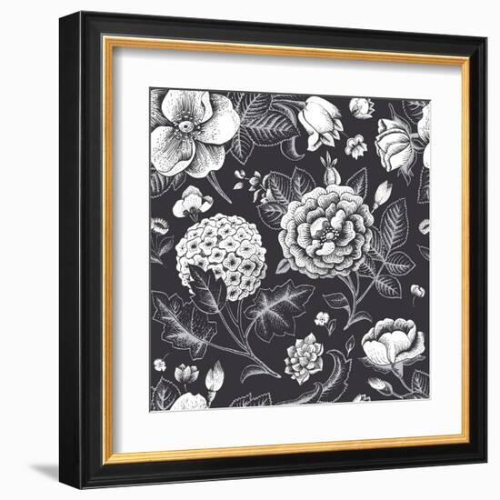 Beautiful Vintage Floral Seamless Pattern. Garden Roses, Hydrangea and Dog-Rose Flower on a Black B-Olga Korneeva-Framed Art Print