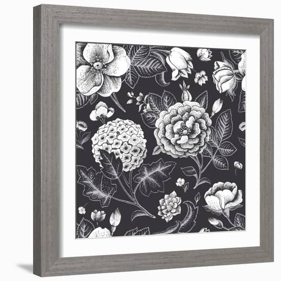 Beautiful Vintage Floral Seamless Pattern. Garden Roses, Hydrangea and Dog-Rose Flower on a Black B-Olga Korneeva-Framed Art Print